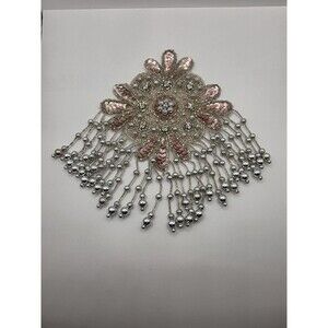 Vintage Handmade Applique W/ Dangling Beads 8" X 6" Has pin on back
